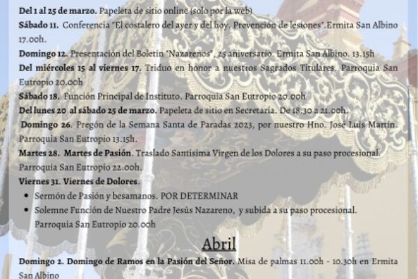 CALENDARIO CUARESMAL Y SEMANA SANTA 2023